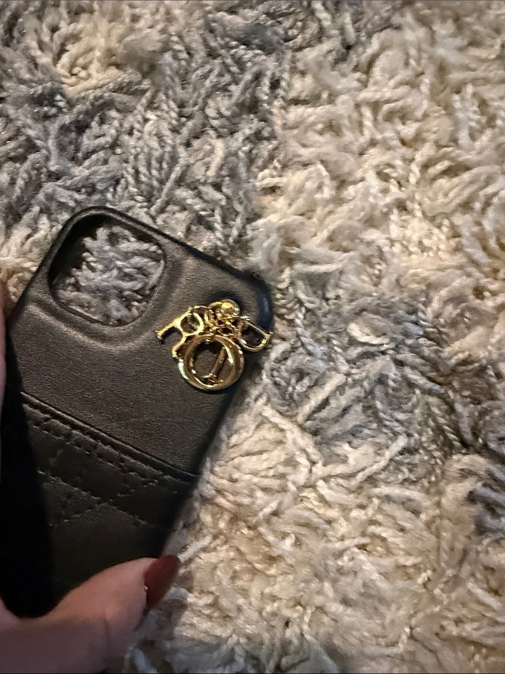 Black Leather-Look Dior Phone Case with Gold Charm